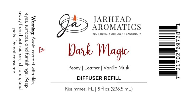 A Jarhead Aromatics Dark Magic Diffuser Refill label for a home fragrance blend featuring peach, plum, dark florals, and vanilla musk. This 8 fl oz (236.5 mL) refill includes warning text and a barcode.
