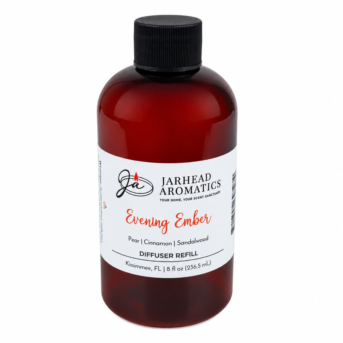 A brown bottle labeled Jarhead Aromatics Evening Ember Diffuser Refill | Plum, Sandalwood & Soft Smoke, perfect for elevating your home fragrance experience. Infused with scents of plum, sandalwood, and soft smoke, this bottle contains 8 fl oz (236.5 mL) of liquid.