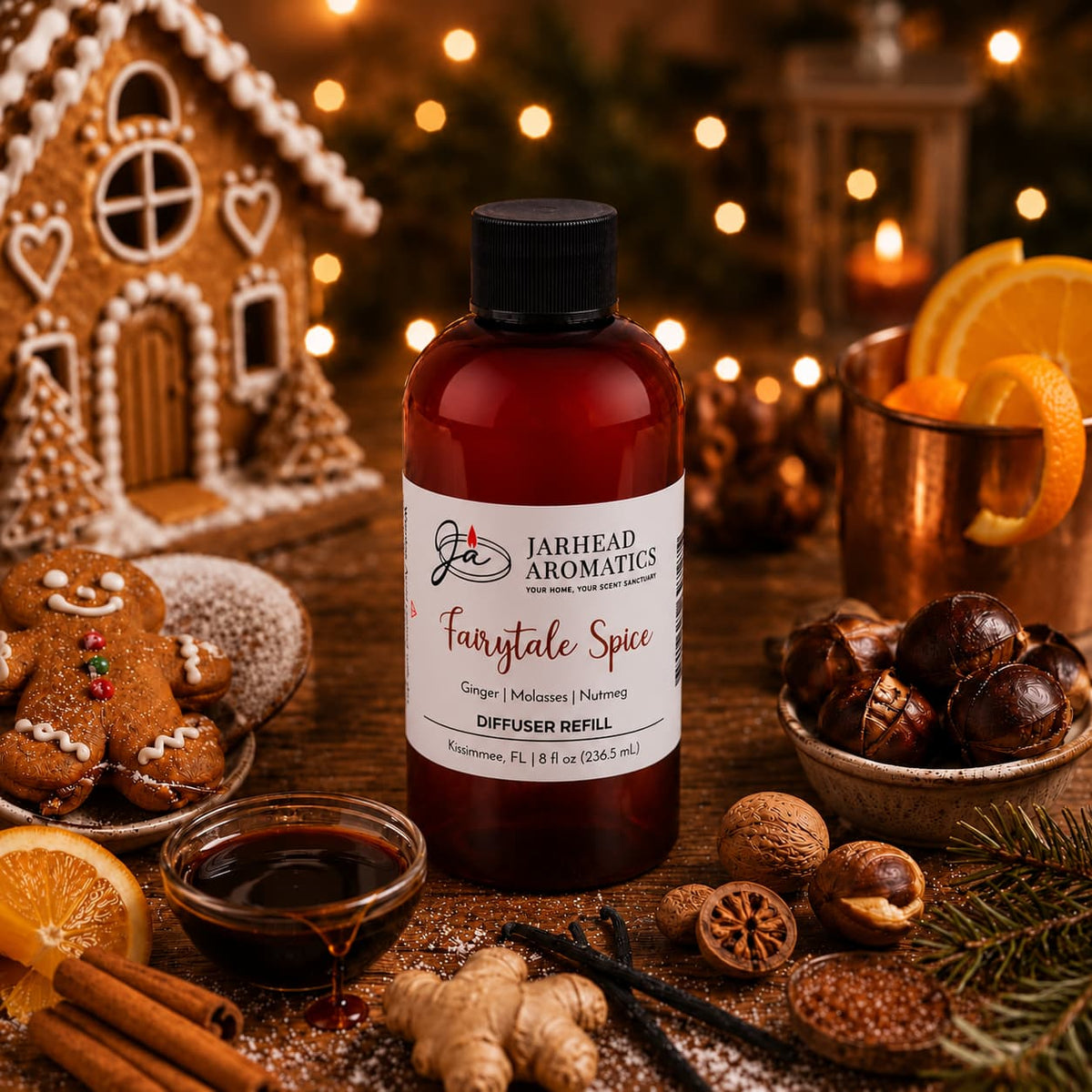 A bottle of Jarhead Aromatics Fairytale Spice Diffuser Refill | Gingerbread, Molasses & Warm Spice rests on a table adorned with gingerbread cookies, oranges, spices, nuts, syrup, and a gingerbread house—filling the scene with the comforting aroma of holiday baking and evoking the cozy warmth of a classic gingerbread home fragrance for a festive holiday atmosphere.