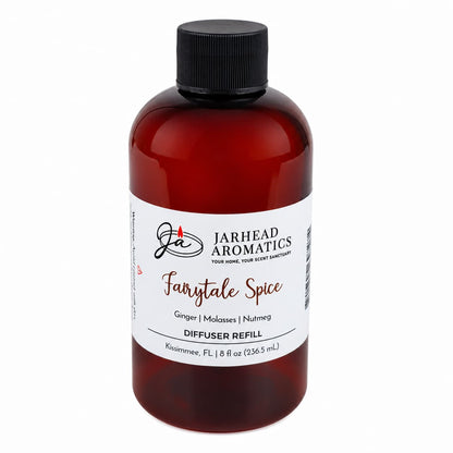 The Jarhead Aromatics Fairytale Spice Diffuser Refill in an 8 fl oz (236.5 mL) brown bottle with a sleek black cap fills your home with the comforting holiday scent of gingerbread, molasses, and warm spices.