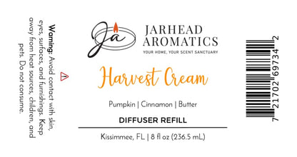 Jarhead Aromatics label for Harvest Cream Diffuser Refill | Pumpkin Spice, Brown Sugar & Vanilla Cream. Features a creamy pumpkin spice scent blended with brown sugar and vanilla cream, creating an inviting autumn home fragrance. Includes a warning to avoid contact and not consume. Contains barcode and product volume: 8 fl oz (236.5 mL).