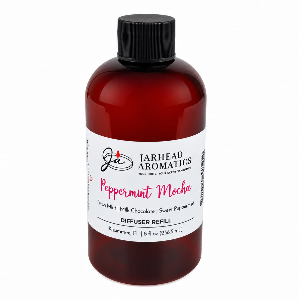 Amber glass bottle with a Peppermint Mocha Diffuser Refill label.