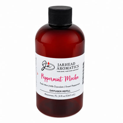 Amber glass bottle with a Peppermint Mocha Diffuser Refill label.