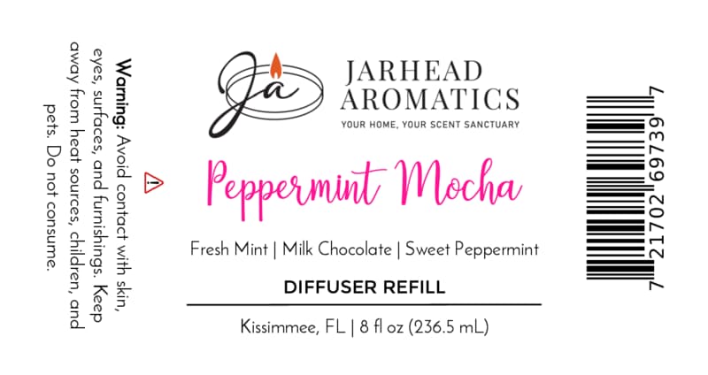 Product label for a Peppermint Mocha Diffuser Refill | Chocolate Mint & Vanilla, listing scent notes of fresh mint, milk chocolate, and sweet peppermint, including a warning and barcode for this holiday home fragrance.