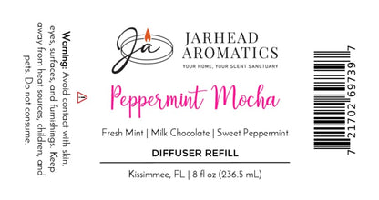 Product label for a Peppermint Mocha Diffuser Refill | Chocolate Mint & Vanilla, listing scent notes of fresh mint, milk chocolate, and sweet peppermint, including a warning and barcode for this holiday home fragrance.