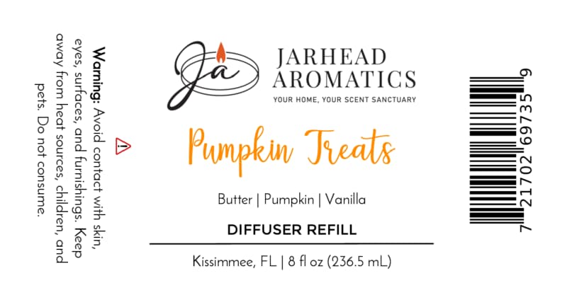 Jarhead Aromatics Pumpkin Treats Diffuser Refill Pumpkin, Caramel & Maple Pecan 8 fl oz Experience a cozy autumn aroma with notes of pumpkin, caramel, and maple pecan—perfect for creating a warm and inviting home fragrance. WARNING: Avoid contact with skin and eyes. Made in Kissimmee, FL [Barcode].