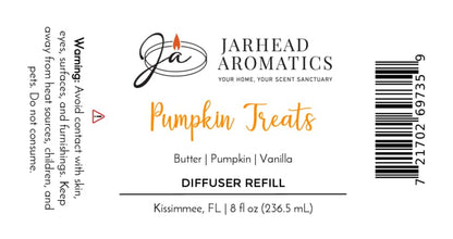 Jarhead Aromatics Pumpkin Treats Diffuser Refill Pumpkin, Caramel & Maple Pecan 8 fl oz Experience a cozy autumn aroma with notes of pumpkin, caramel, and maple pecan—perfect for creating a warm and inviting home fragrance. WARNING: Avoid contact with skin and eyes. Made in Kissimmee, FL [Barcode].