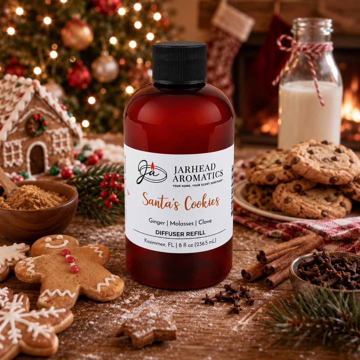 A bottle of Jarhead Aromatics Santa’s Cookies Diffuser Refill sits on a wooden table surrounded by a gingerbread man, chocolate chip cookies, cinnamon sticks, and a glass of milk in front of a fireplace.
