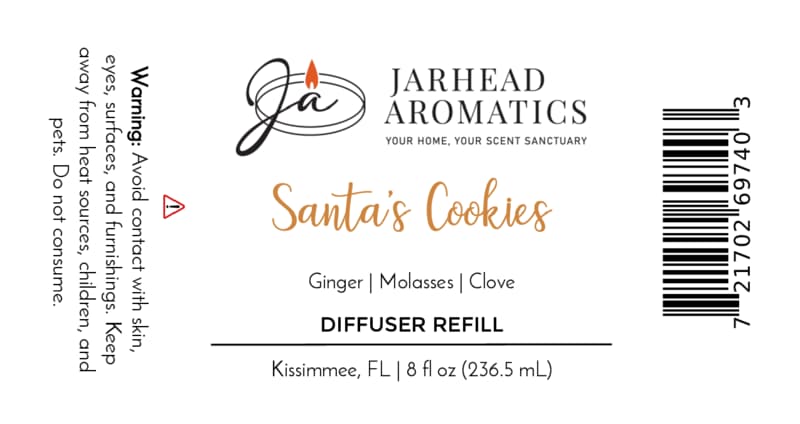 8 fl oz Santa’s Cookies Diffuser Refill label, listing ingredients like ginger, molasses, and clove, with a warning to avoid skin and eye contact and keep this holiday home fragrance away from children and pets.