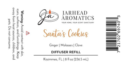 8 fl oz Santa’s Cookies Diffuser Refill label, listing ingredients like ginger, molasses, and clove, with a warning to avoid skin and eye contact and keep this holiday home fragrance away from children and pets.
