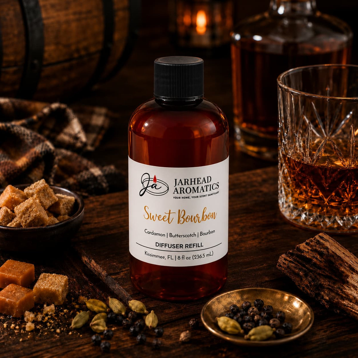 A bottle of Jarhead Aromatics Sweet Bourbon Diffuser Refill | Bourbon, Butterscotch & Brown Sugar is displayed among brown sugar cubes, cardamom pods, black peppercorns, caramel pieces, a whiskey glass, a decanter, and a whiskey barrel in a cozy rustic setting—ideal for filling your space with the inviting scent of this signature home fragrance.