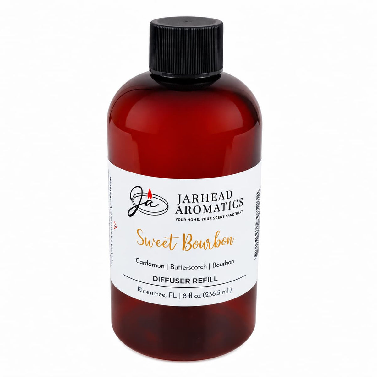 A brown plastic bottle labeled Jarhead Aromatics Sweet Bourbon Diffuser Refill fills your home with a sophisticated blend of bourbon, butterscotch, and brown sugar. With 8 fl oz (236.5 mL) inside, this refill captures the warm essence of a cozy lounge in every scent.