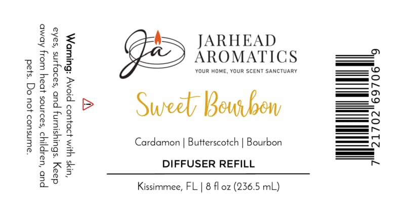 A Jarhead Aromatics Sweet Bourbon Diffuser Refill label, featuring notes of bourbon, butterscotch, and brown sugar. This home fragrance product includes a caution warning, barcode, and comes in an 8 fl oz (236.5 mL) size.