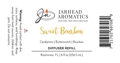 A Jarhead Aromatics Sweet Bourbon Diffuser Refill label, featuring notes of bourbon, butterscotch, and brown sugar. This home fragrance product includes a caution warning, barcode, and comes in an 8 fl oz (236.5 mL) size.