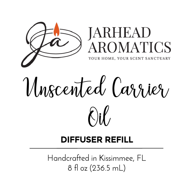 Jarhead Aromatics Unscented Carrier Oil – Diffuser Refill, 8 fl oz (236.5 mL). Perfect for blending your favorite essential oils. Handcrafted in Kissimmee, FL; label includes brand logo, product name, and size.