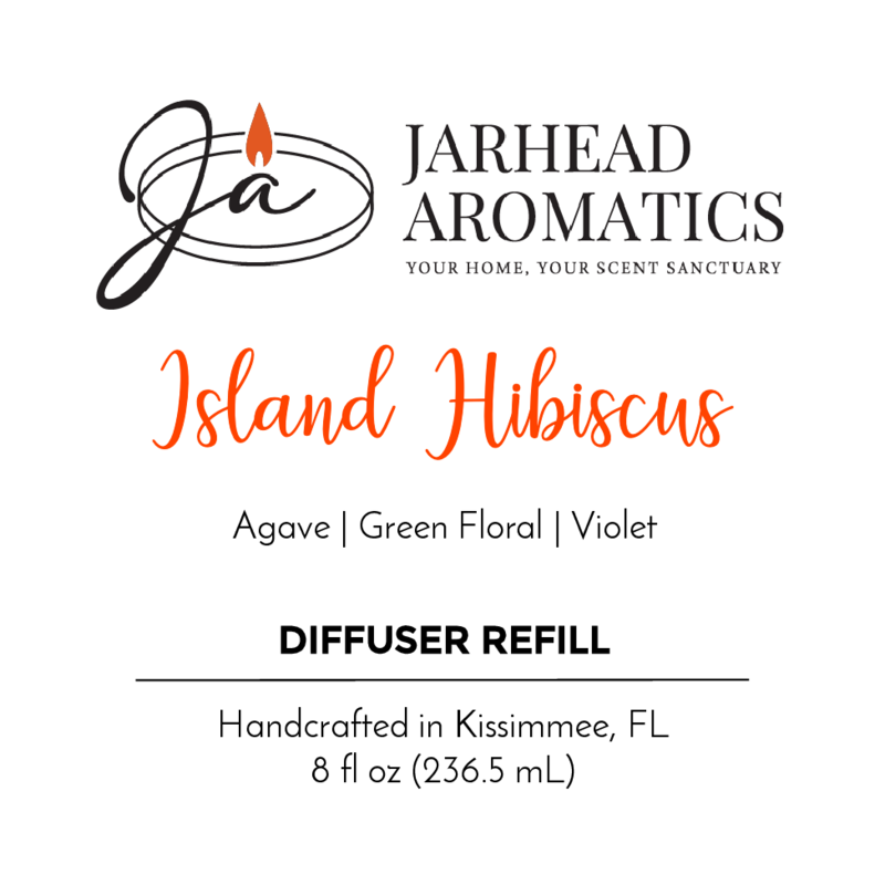 Jarhead Aromatics Island Hibiscus - Diffuser Refill. Fragrance oil with tropical notes of agave, green floral, and violet. Handcrafted in Kissimmee, FL. 8 fl oz (236.5 mL).