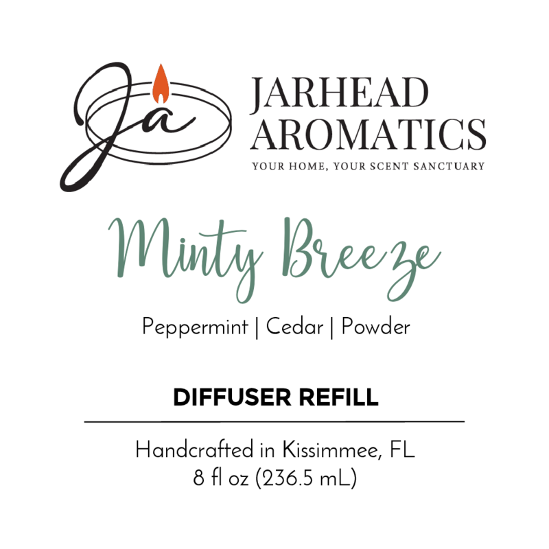 Label for Jarhead Aromatics’ Minty Breeze Diffuser Refill, with peppermint, eucalyptus, cedar, and powder notes; handcrafted in Kissimmee, FL; 8 fl oz (236.5 mL). Features brand logo and tagline.