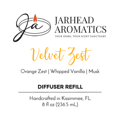 Jarhead Aromatics Velvet Zest - Diffuser Refill features notes of orange zest, whipped vanilla, musk, and a hint of woodsy floral. Made with essential oils and handcrafted in Kissimmee, FL. 8 fl oz (236.5 mL).