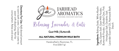 Jarhead Aromatics Lavender & Oats Milk Bath - Goat Milk & Buttermilk - All Natural: label features ingredients like goat milk, buttermilk, and lavender, instructions, product details, and the brand logo at the top center.