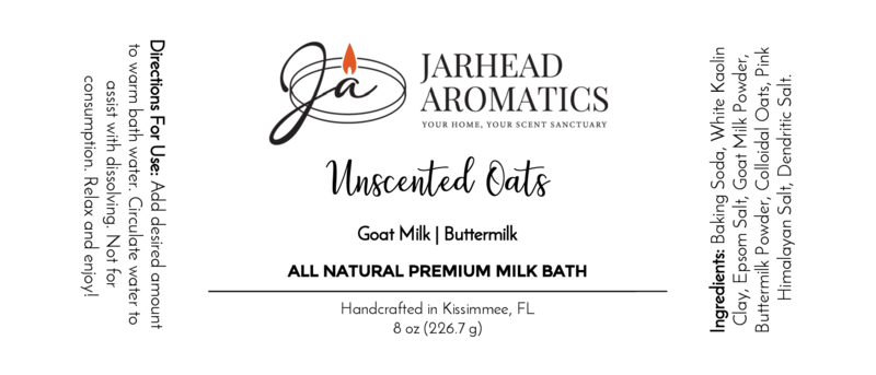 Jarhead Aromatics Unscented Oats Milk Bath—Goat Milk & Buttermilk, All Natural. Product label features directions, ingredients, product details, company logo, candle graphic, and highlights soothing goat milk and buttermilk.