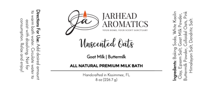 Jarhead Aromatics Unscented Oats Milk Bath—Goat Milk & Buttermilk, All Natural. Product label features directions, ingredients, product details, company logo, candle graphic, and highlights soothing goat milk and buttermilk.