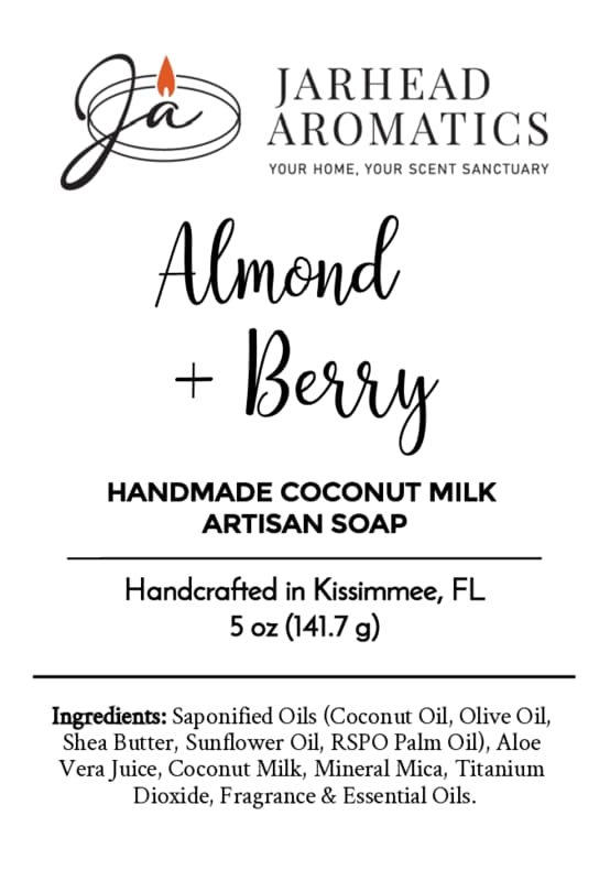 Jarhead Aromatics Almond + Berry Handmade Coconut Milk Artisan Soap is handcrafted in Kissimmee, FL. This Sweet Almond & Juicy Berry Soap is thoughtfully made with a nourishing blend of oils, shea butter, aloe vera, coconut milk, minerals, and fragrance.