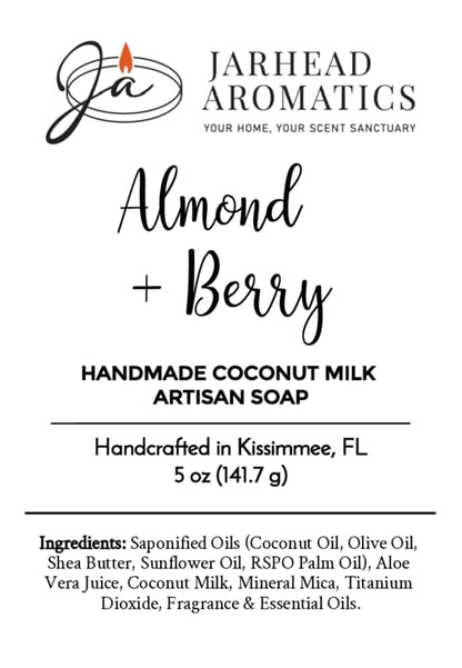 Jarhead Aromatics Almond + Berry Handmade Coconut Milk Artisan Soap is handcrafted in Kissimmee, FL. This Sweet Almond & Juicy Berry Soap is thoughtfully made with a nourishing blend of oils, shea butter, aloe vera, coconut milk, minerals, and fragrance.