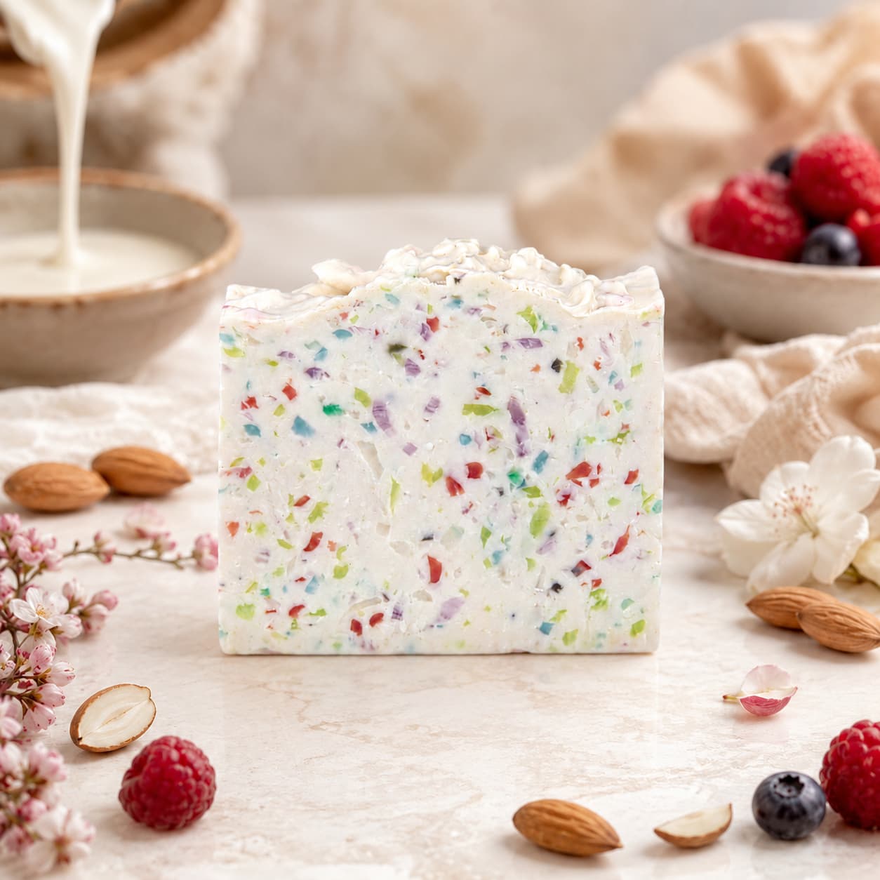 A vibrant Almond + Berry Handmade Coconut Milk Artisan Soap by Jarhead Aromatics stands on a marble surface, surrounded by almonds, berries, flowers, and a bowl of milk being poured in the background. Carefully crafted with sweet almond and juicy berry scents, this artisan soap brings a touch of luxury and freshness to your daily routine.