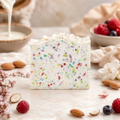 A vibrant Almond + Berry Handmade Coconut Milk Artisan Soap by Jarhead Aromatics stands on a marble surface, surrounded by almonds, berries, flowers, and a bowl of milk being poured in the background. Carefully crafted with sweet almond and juicy berry scents, this artisan soap brings a touch of luxury and freshness to your daily routine.