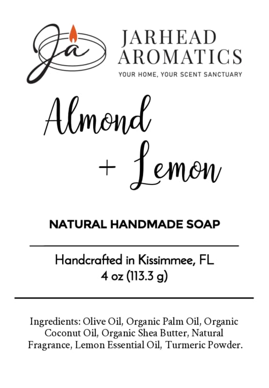 Product label for this Almond + Lemon Natural Handmade Soap | Turmeric & Shea Butter Bar Soap by Jarhead Aromatics, detailing ingredients, place of manufacture, and net weight.