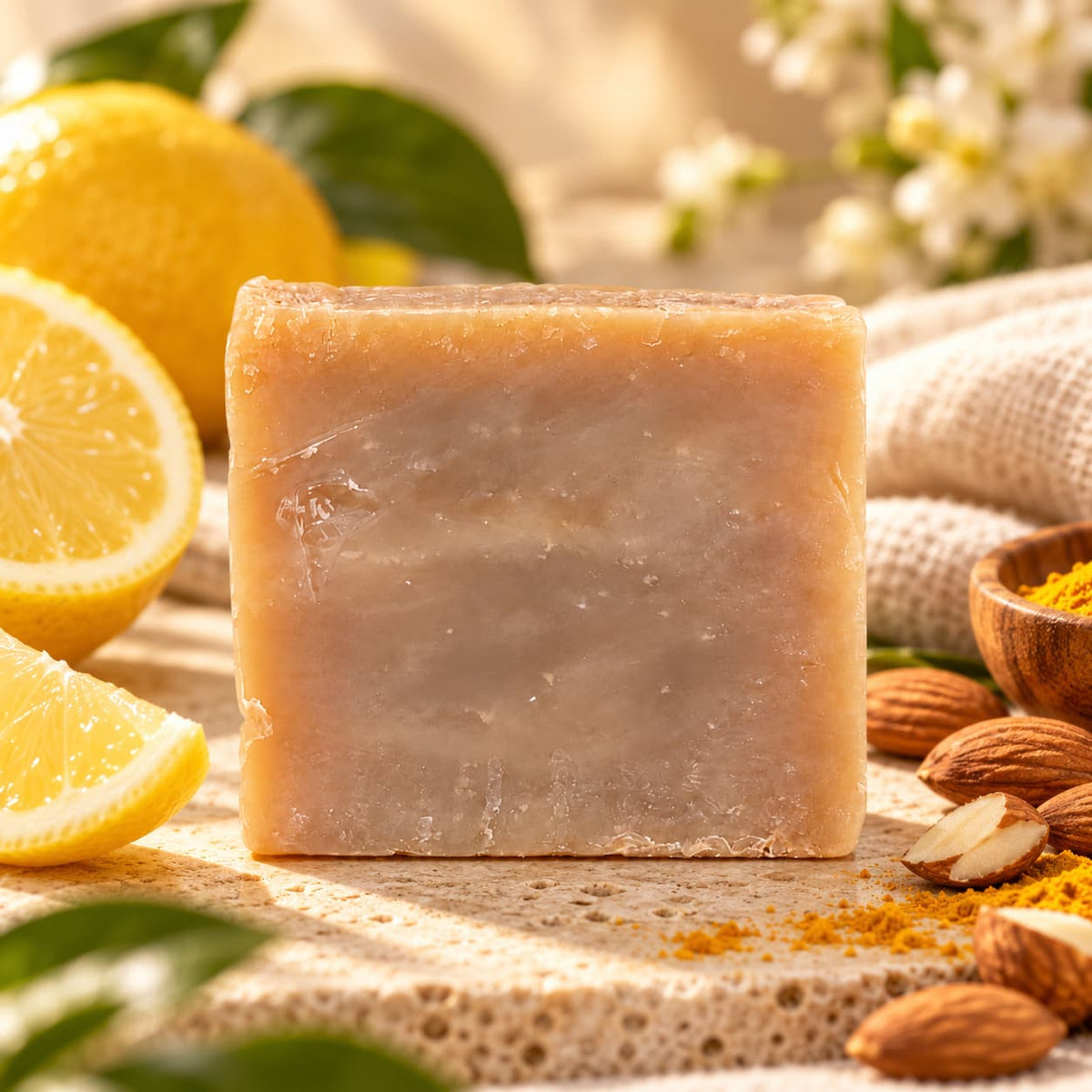 A rectangular bar of Almond + Lemon Natural Handmade Soap | Turmeric & Shea Butter Bar Soap by Jarhead Aromatics surrounded by fresh lemon slices, almonds, and turmeric powder.