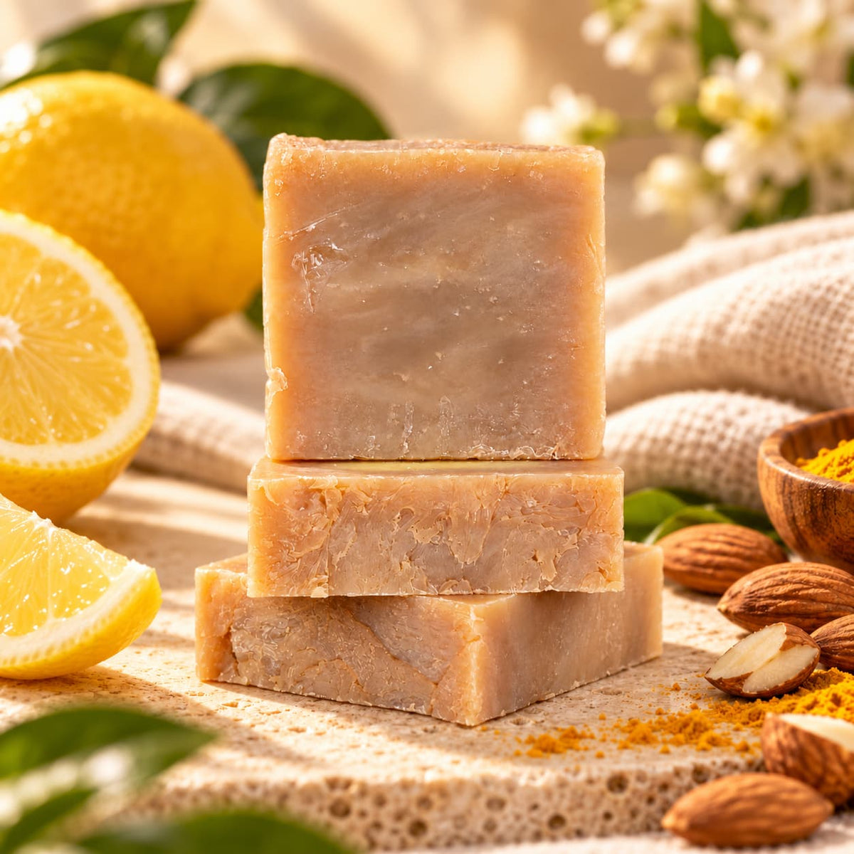 A stack of three beige Almond + Lemon Natural Handmade Soap | Turmeric & Shea Butter Bar Soap, surrounded by lemon slices, almonds, and turmeric powder.