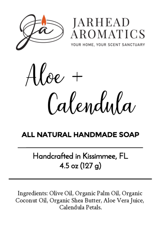 A white label for Jarhead Aromatics Aloe + Calendula Handmade Soap - All Natural, handcrafted in Kissimmee, FL with olive and shea butter for sensitive skin. Net wt. 4.5 oz (127 g).
