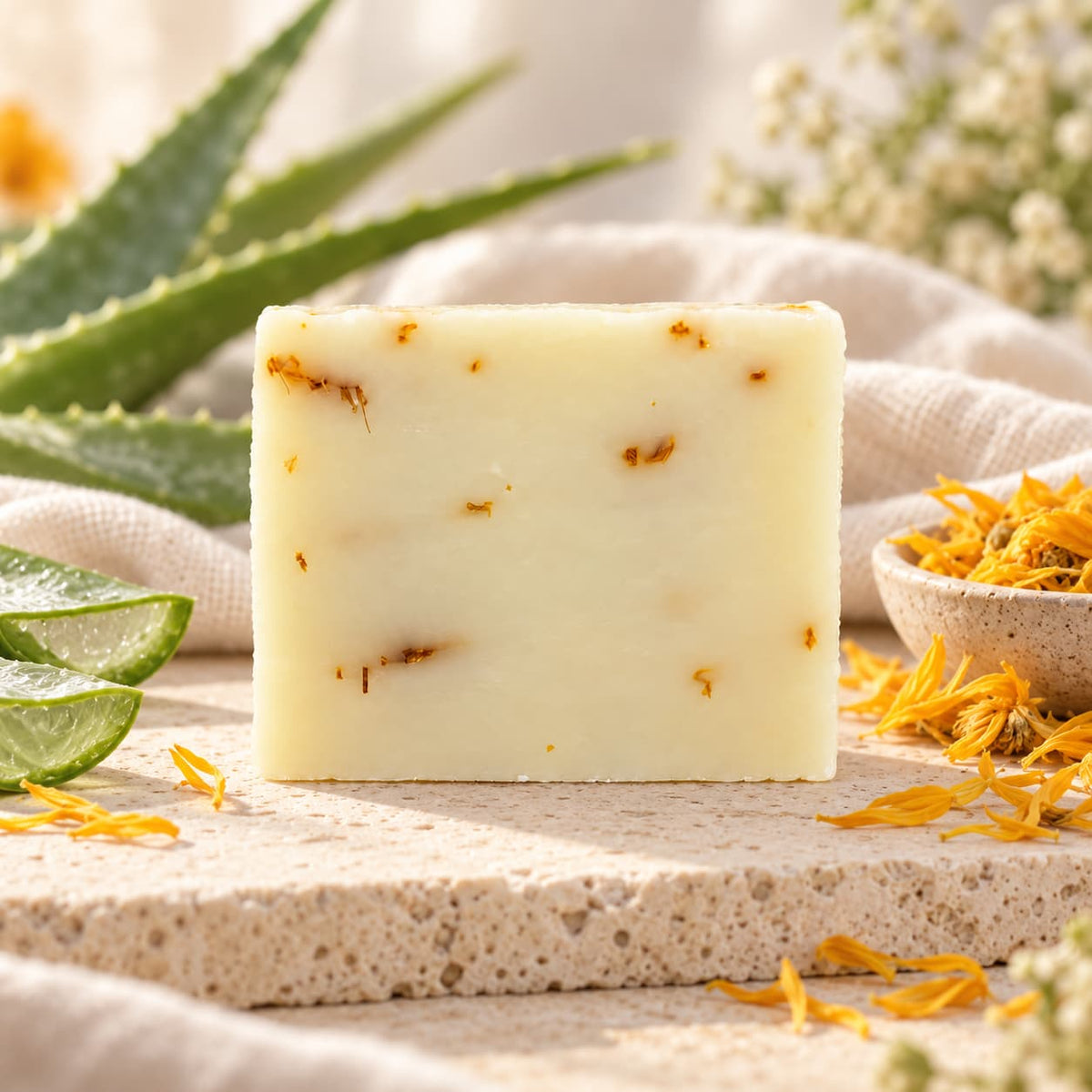 A square bar of Aloe + Calendula Natural Handmade Soap by Jarhead Aromatics embedded with dried flower petals, displayed with aloe leaves and loose calendula petals.