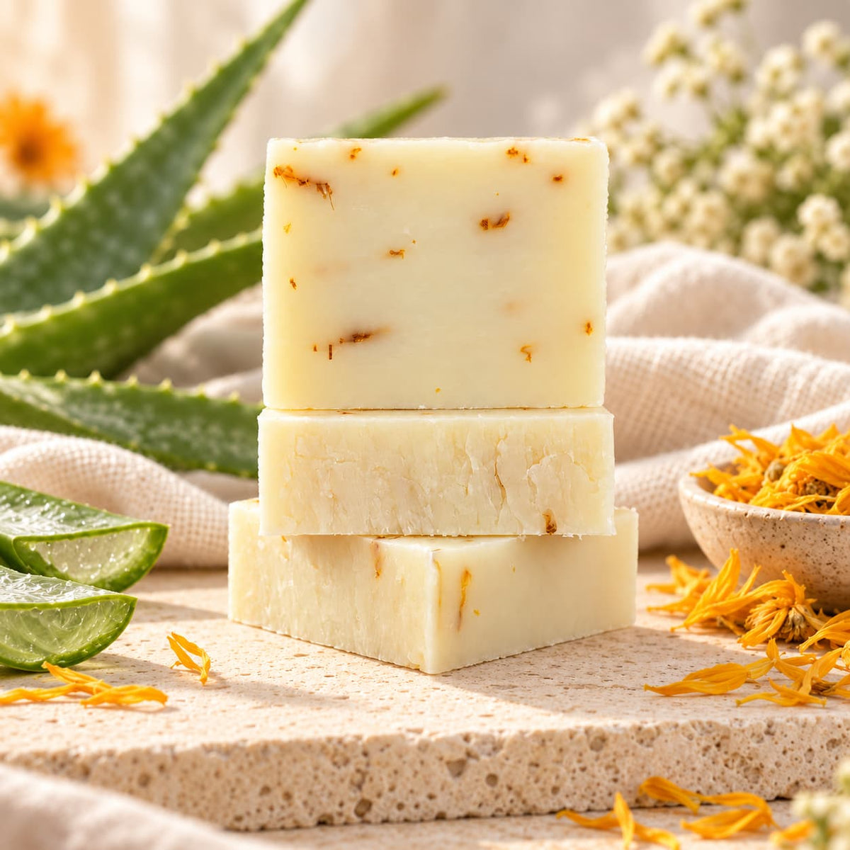 Three rectangular bars of Aloe + Calendula Natural Handmade Soap | Unscented Sensitive Skin Bar Soap stacked on a stone surface, surrounded by aloe vera leaves and dried calendula petals.