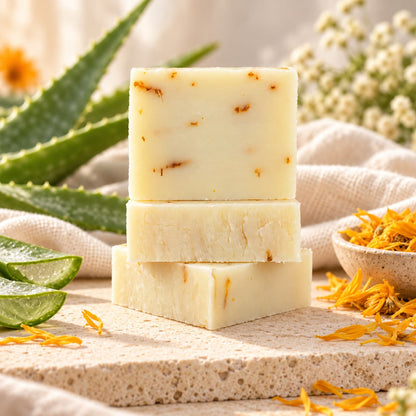 Three rectangular bars of Aloe + Calendula Natural Handmade Soap | Unscented Sensitive Skin Bar Soap stacked on a stone surface, surrounded by aloe vera leaves and dried calendula petals.