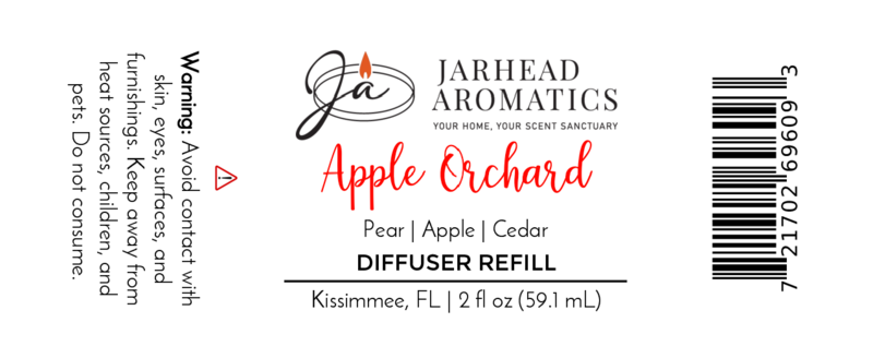 Jarhead Aromatics Apple Orchard Diffuser Refill Label | Scent: Fresh apple, pear & cedar. Includes warning text, barcode, and product volume: 2 fl oz (59.1 mL).