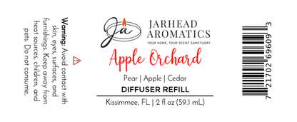 Jarhead Aromatics Apple Orchard Diffuser Refill Label | Scent: Fresh apple, pear & cedar. Includes warning text, barcode, and product volume: 2 fl oz (59.1 mL).