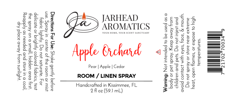 Jarhead Aromatics Apple Orchard Room & Linen Spray | Fresh Apple & Cedar scent. Handcrafted in Kissimmee, FL. Directions, warnings, and logo (jar/flame) included. Home freshener, 2 fl oz (59.1 mL).