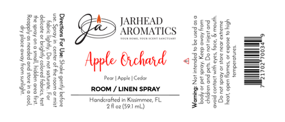 Jarhead Aromatics Apple Orchard Room & Linen Spray | Fresh Apple & Cedar scent. Handcrafted in Kissimmee, FL. Directions, warnings, and logo (jar/flame) included. Home freshener, 2 fl oz (59.1 mL).