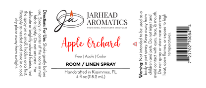 White label for Jarhead Aromatics Apple Orchard Room & Linen Spray (4 fl oz), fresh apple & cedar fragrance with pear notes. Includes instructions, warnings, ingredients, and your branding for this home freshener.