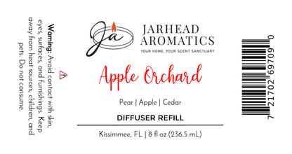 Jarhead Aromatics Apple Orchard Diffuser Refill | Fresh apple, pear & cedar fragrance oil, 8 fl oz (236.5 mL), Kissimmee, FL. Includes warnings, barcode & product details.