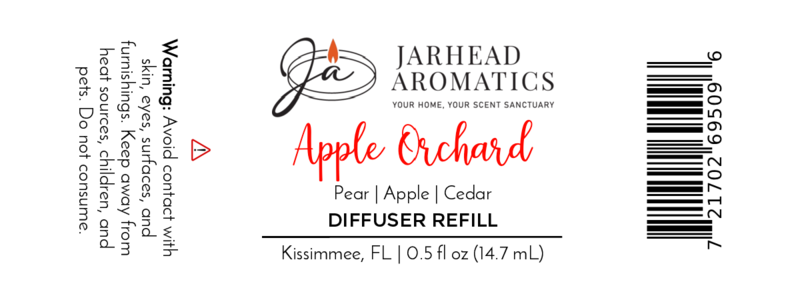 Jarhead Aromatics Apple Orchard Cold Air Diffuser Refill | Fresh Apple & Cedar fragrance oil, 0.5 fl oz (14.7 mL). For cold air diffuser systems only. Warning: Avoid contact with skin/eyes. Includes product info and barcode.