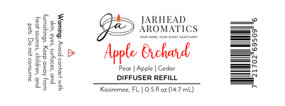 Jarhead Aromatics Apple Orchard Cold Air Diffuser Refill | Fresh Apple & Cedar fragrance oil, 0.5 fl oz (14.7 mL). For cold air diffuser systems only. Warning: Avoid contact with skin/eyes. Includes product info and barcode.