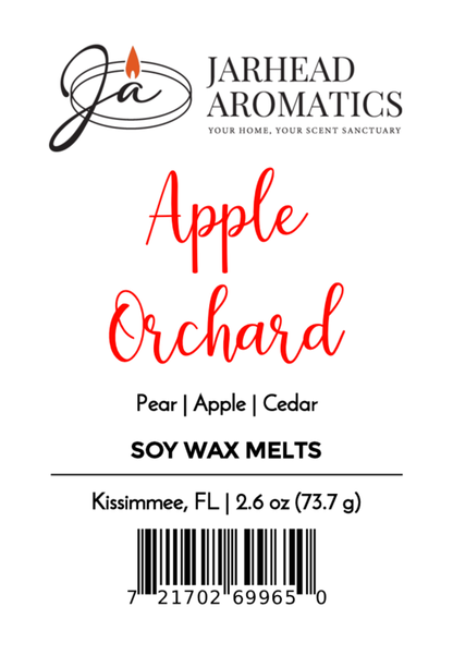 Label for Jarhead Aromatics Apple Orchard Soy Wax Melt | Crisp Fresh Apple & Vanilla Scented Wax Melts. Hand-poured, long-lasting 2.6 oz/73.7 g. Made in Kissimmee, FL. Barcode at the bottom.