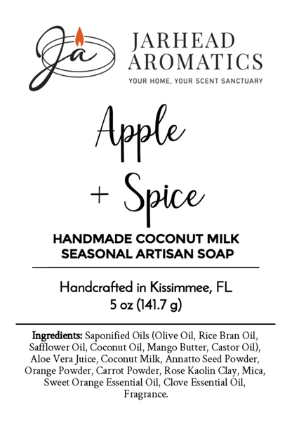 Label for Jarhead Aromatics Apple + Spice Handmade Coconut Milk Artisan Soap. Includes natural ingredients, 5 oz weight, handmade in Kissimmee, FL; ingredient list at the bottom.