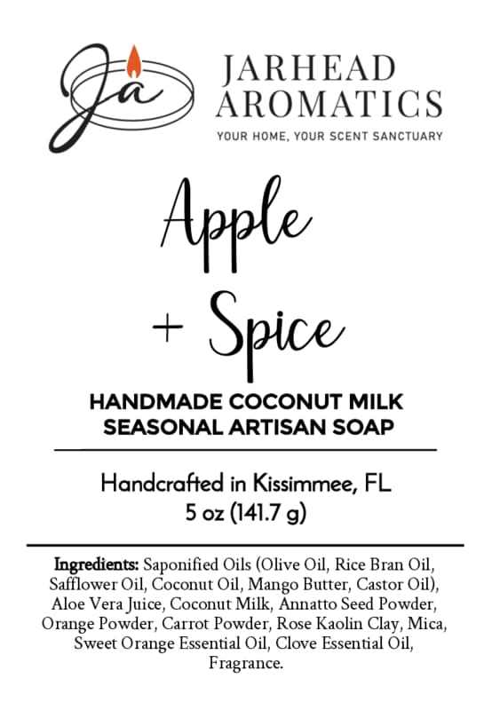 Apple + Spice Handmade Coconut Milk Artisan Soap Crisp Apple & Warm Spice Soap Jarhead Aromatics Handcrafted in Kissimmee, FL Net Wt. 5 oz Ingredients: [ingredients list] [flame logo above “Jarhead Aromatics”].