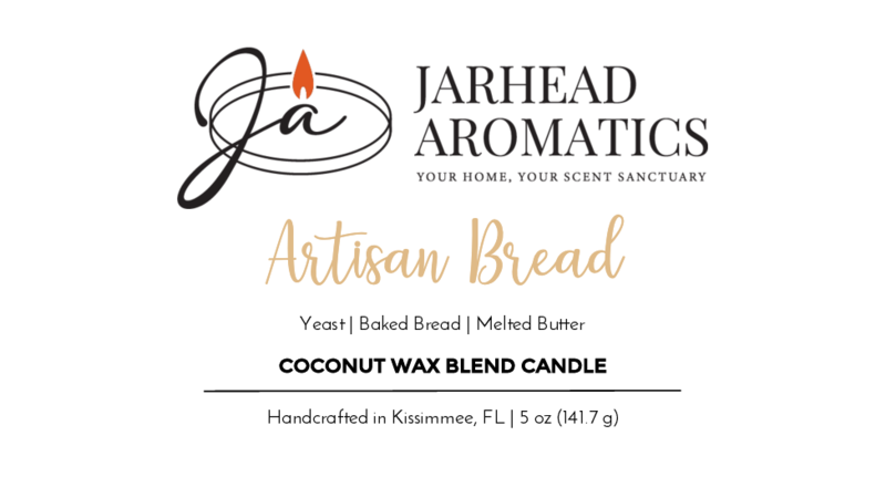 Jarhead Aromatics’ Artisan Bread Coconut Wax Blend Candle fills your space with bakery-fresh notes of yeast, baked bread, and butter. Handcrafted in Kissimmee, FL. 5 oz (141.7 g).