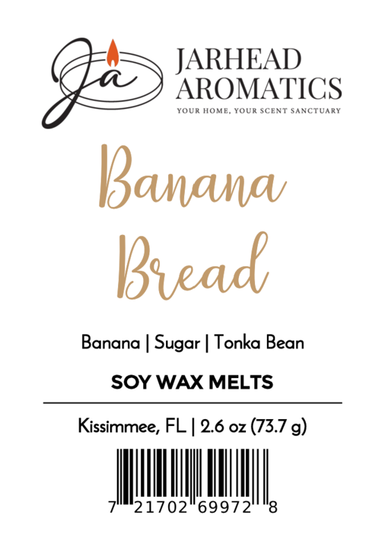 Jarhead Aromatics Banana Bread Soy Wax Melt. Warm bakery banana & vanilla scent. Hand-poured soy wax delivers cozy, sweet fragrance. 2.6 oz (73.7 g) | Kissimmee, FL | Barcode included.