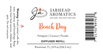 Jarhead Aromatics Beach Day Diffuser Refill | Coconut, Citrus & Cotton Blossom Home Fragrance Oil Refill. Coastal-inspired scent, 8 fl oz (236.5 mL). Includes a skin contact warning on the product label.